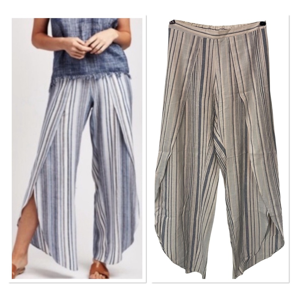 Drew Striped Wide Leg Wrap Pants Blue Linen Blend Tulip Split Hem Beach Boho S